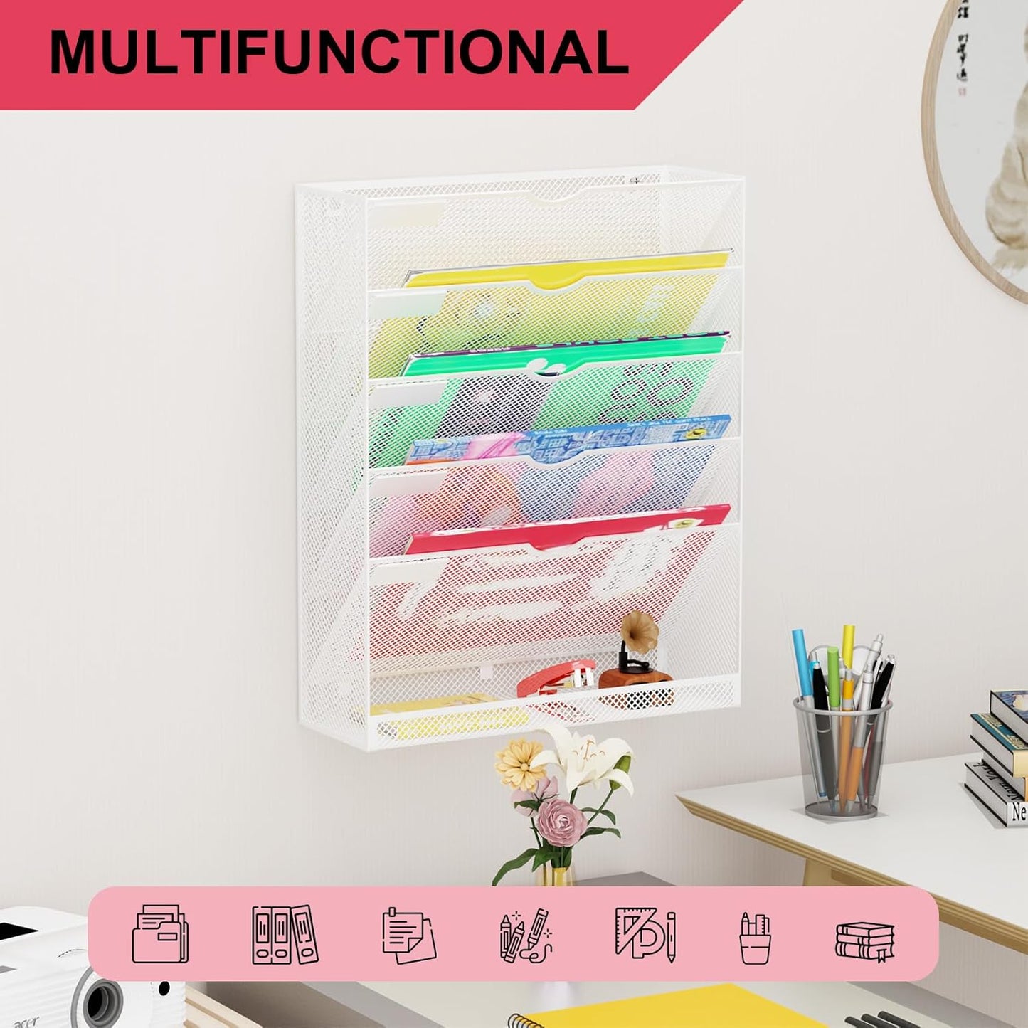Hanging Wall File Organizer 6 Tier Wall Mounted File Holder Document Wall Organizer Magazine Organization for Office Home, White