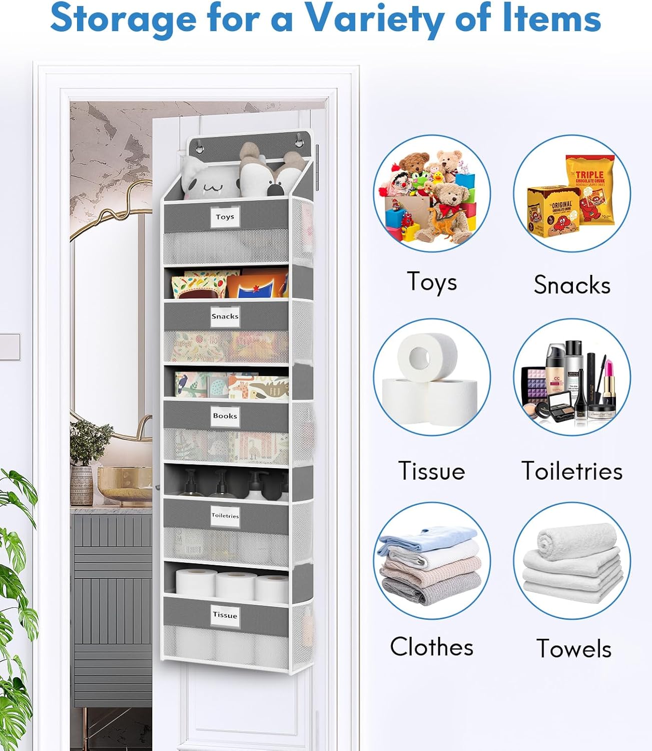 Over The Door Organizer Hanging, 5 Shelf Behind The Doors Storage, Pantry Door Organizer, Closet Organizers for Bedroom and Nursery (Dark Grey)