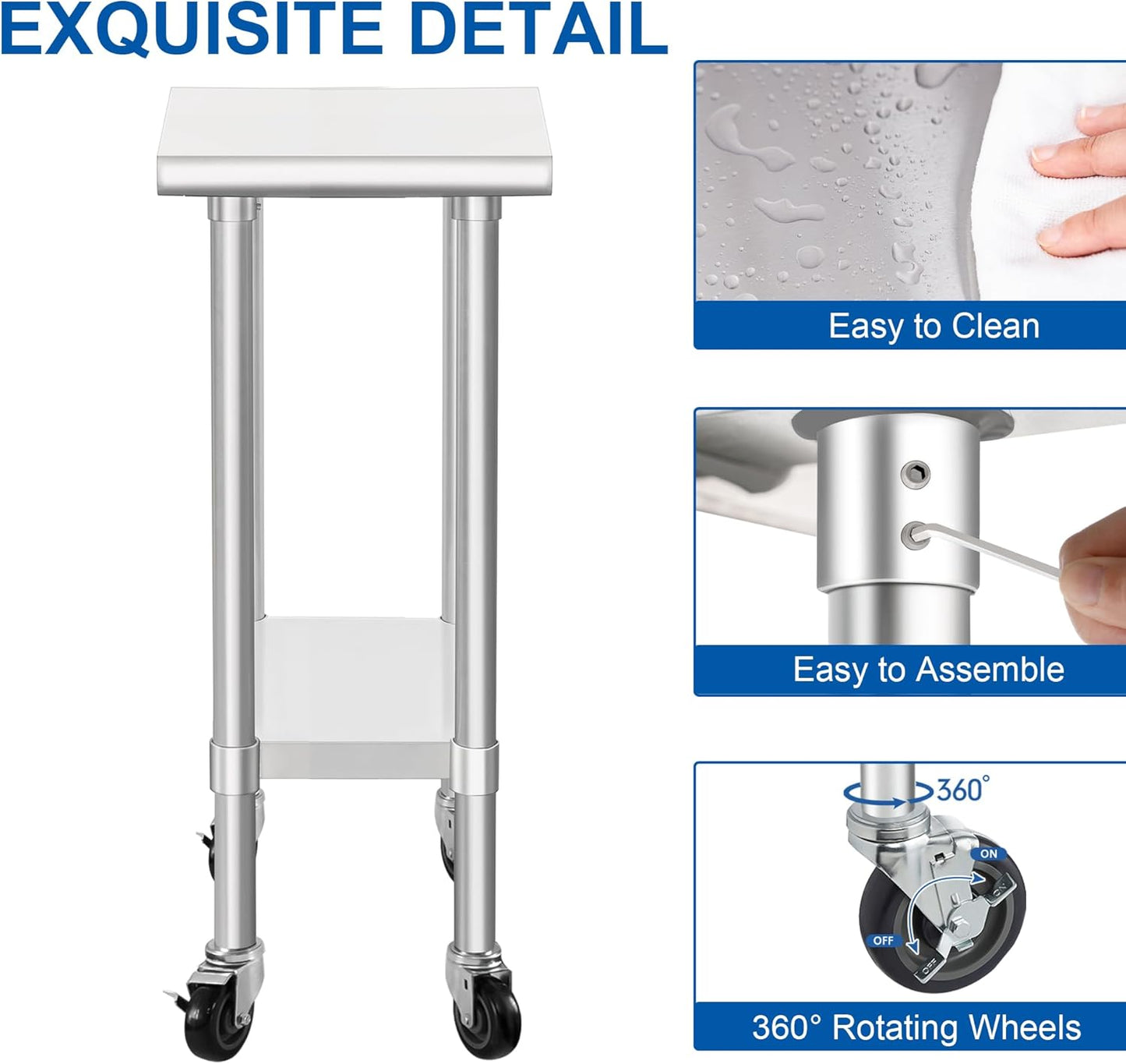 HARDURA Stainless Steel Commercial Table Prep & Work Table with Casters Heavy Duty Metal Table with Wheels NSF 430 24×12 Inches