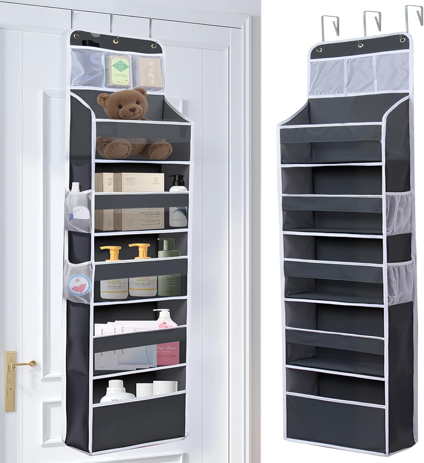 Over The Door Organizer 6 Tier with 12 Pockets & Reinforced Hooks - 59" Hanging Storage Organizer for Bathroom, Nursery, Pantry & Laundry (Deep Grey)