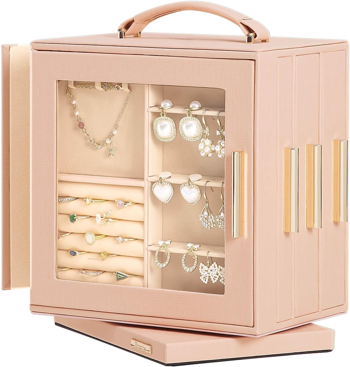 Homde Christmas Gifts Jewelry Box 360° Rotating, Necklace Earring Organizer with Transparent Window, Mirror, 7 Drawers, Large Ring Display Storage Case for Girls Women (Peach Pink)