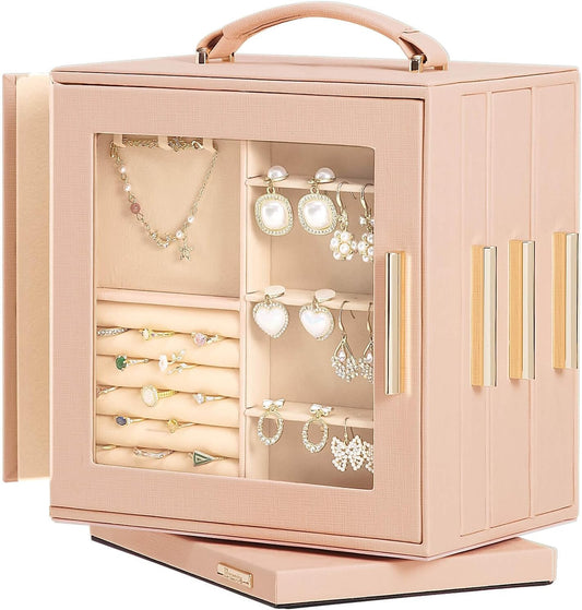 Homde Christmas Gifts Jewelry Box 360° Rotating, Necklace Earring Organizer with Transparent Window, Mirror, 7 Drawers, Large Ring Display Storage Case for Girls Women (Peach Pink)