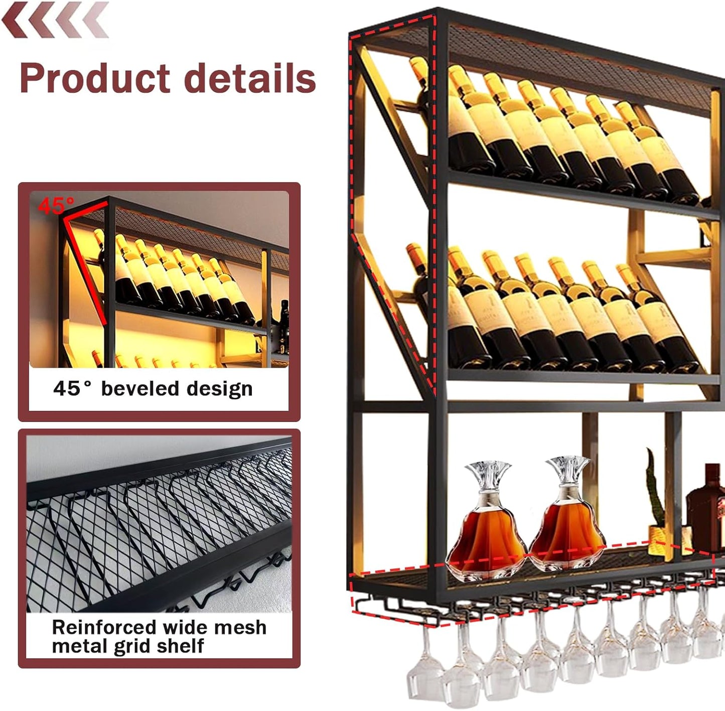 3 Tier Large Wine Rack Wall Mounted with Glass Holder, Black Modern Iron Liquor Shelf, 59.1 Inch Large Wine Bottle Display Shelf, for Kitchen Dining, Home Bar, Cellar (59.1" W)
