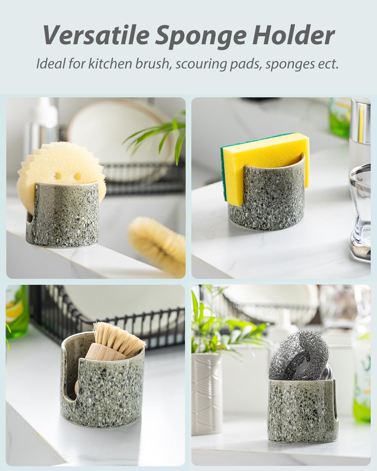 Kitchen Sponge Holder, Ceramic Dish Sponge Holder Scrubby Daddy Farmhouse Dish Rack Brush Holder for Bathroom, Kitchen, Sink, Special Gray