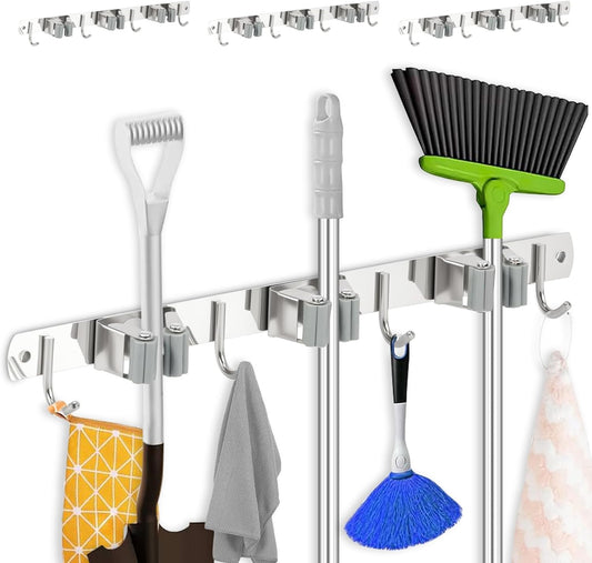 3 Pack Broom Holder Wall Mount 3 Racks 4 Hooks Stainless Steel Broom Mop Holder Anti Slip Storage Rack Strong Load Bearing Waterproof Broom and Mop Organizer Wall Hanging for Bathroom Kitchen Garage