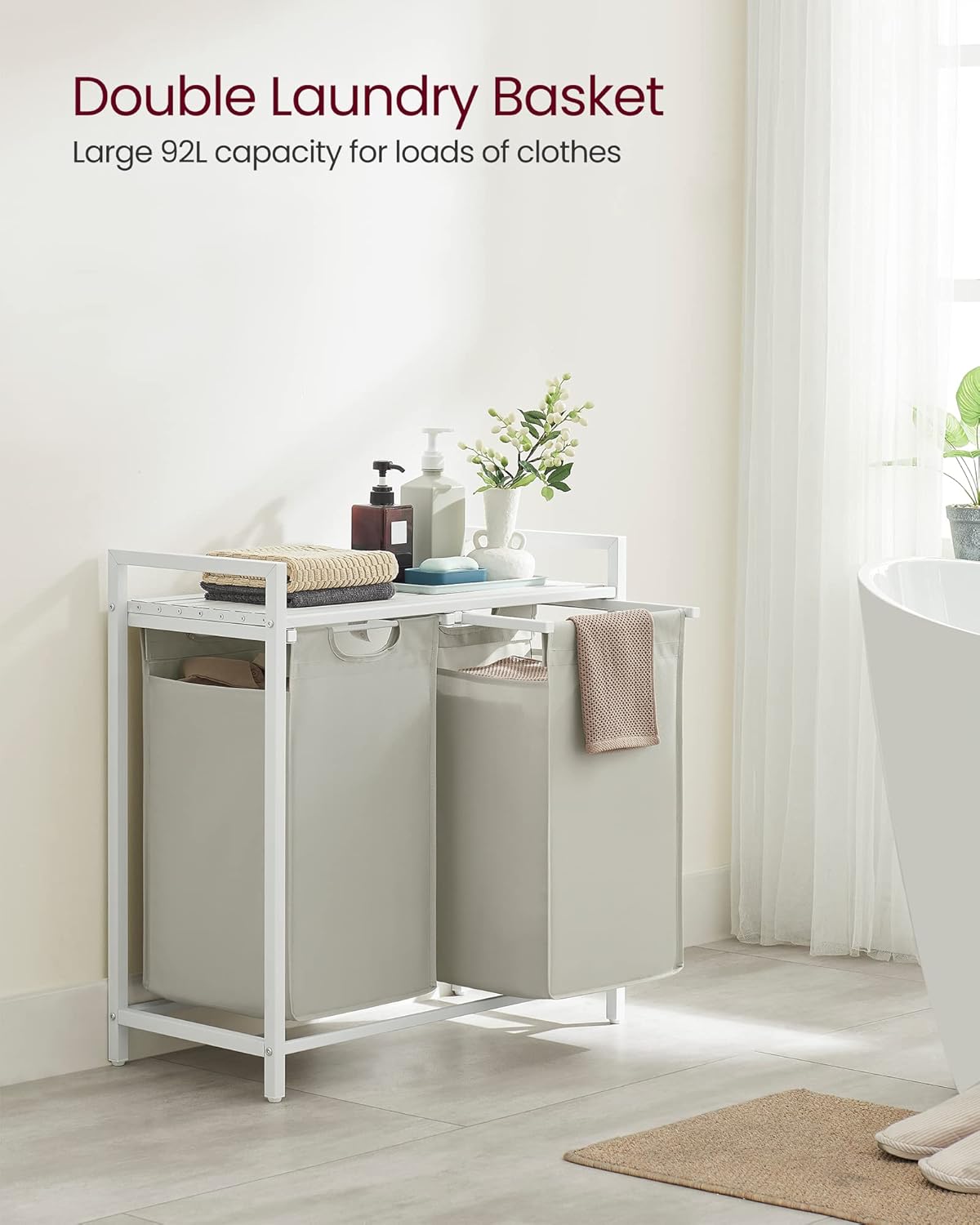 VASAGLE Laundry Hamper, Laundry Basket, Laundry Sorter with 2 Pull-Out and Removable Bags, Shelf, Metal Frame, 2 x 12.1 Gallons (46 L), 28.8 x 13 x 28.4 Inches, Cream White and Cloud White UBLH201W01