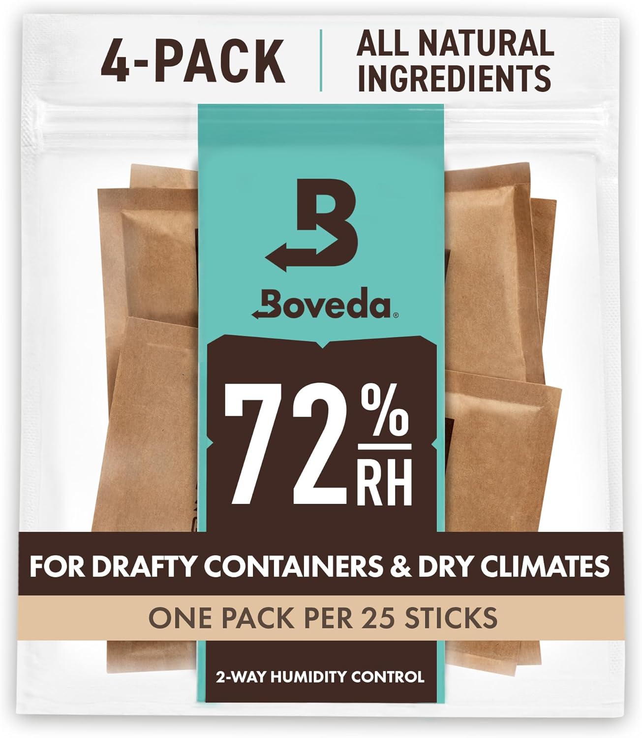 Boveda 72% Two-Way Humidity Control Packs For Wood Humidifier Boxes – Size 60 – 4 Pack – Moisture Absorbers – Humidifier Packs – Hydration Packets in Resealable Bag