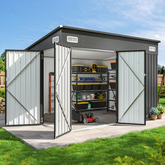 Aoxun 9.4'x7.3' Triple Door Shed Outdoor Storage Shed with Three Lockable Door for Easily Accessing Metal Storage Cabinet with Slopping Roof for Tools Bicycles Storage for Garden, Backyards (Black)