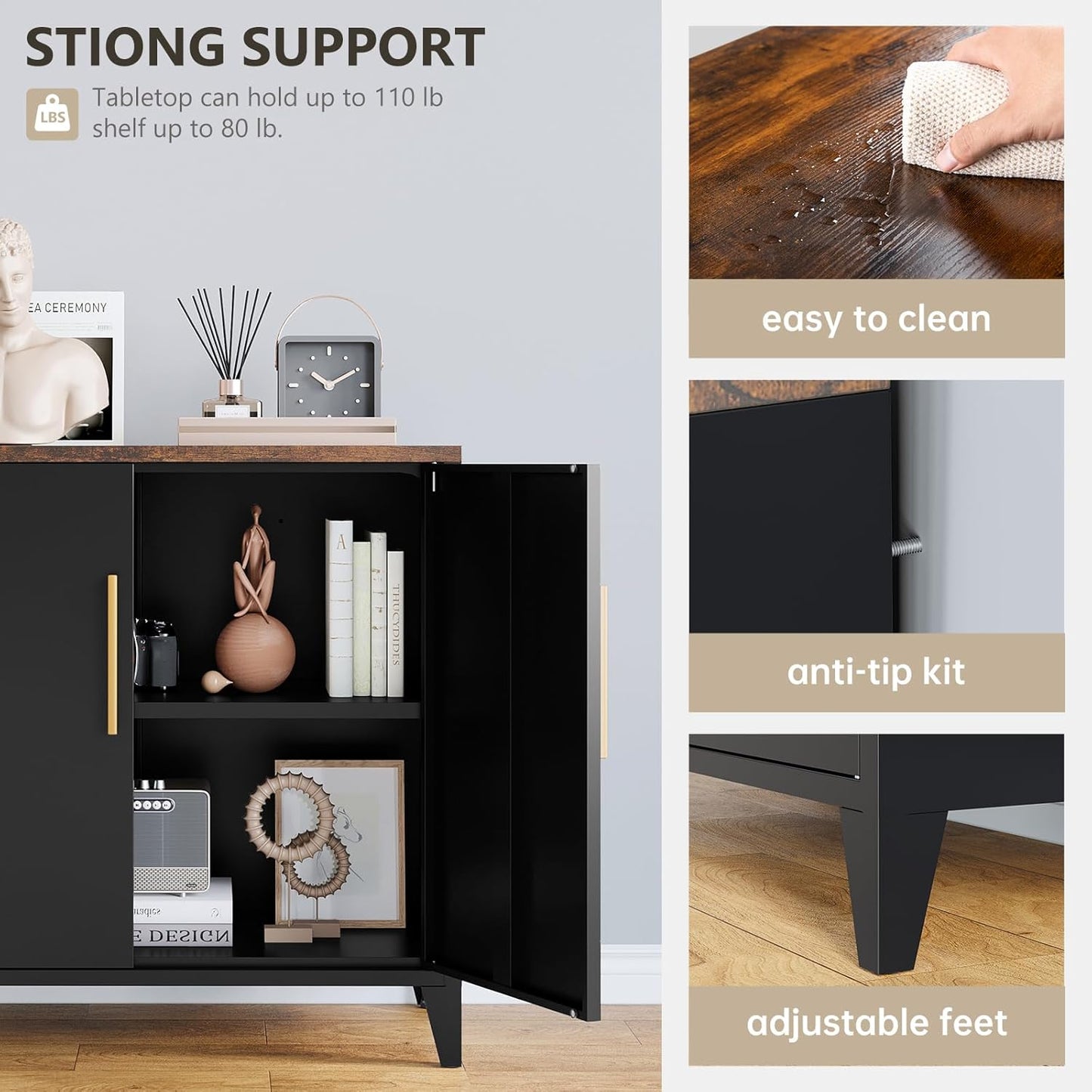 STANI Coffee Bar Cabinet with Storage,Small Kitchen Storage Cabinet,Pantry Cabinet,2 Doors, Metal, Adjustable Shelf, Kitchen,Coffee Bar, Garden, Entryway, Table Cupboard,16" Dx 32" Wx30 H Black