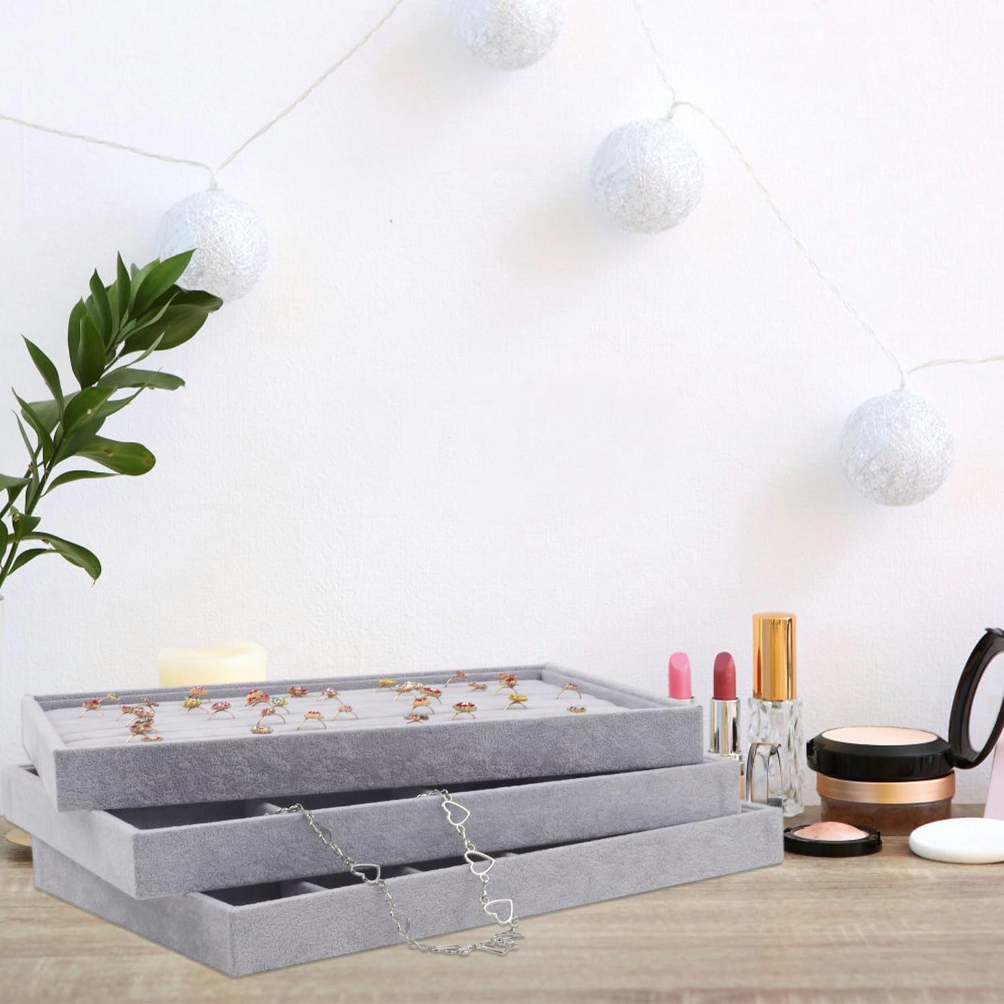 Rocutus Jewelry Trays,3 Pack Stackable Velvet Jewelry Organizer Tray Drawer Jewelry Storage Tray,Divided Ring Organizer Tray for Earrings, Necklaces, Bracelets,13.8"x9.5"x1.2" (Grey)