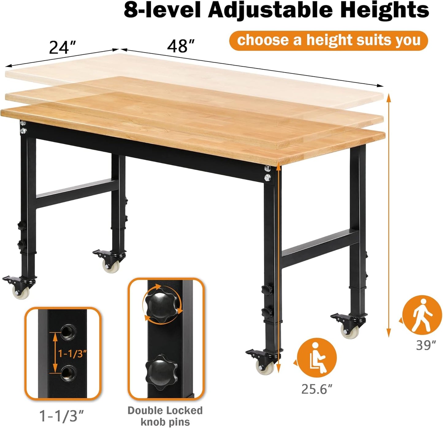 Betterhood 48" Heavy-Duty Adjustable Workbench for Garage, Rubber Wood Shop Table W/Metal Wheels, Hardwood Workstation Weight Capacity Over 2000 Lbs with Wheels