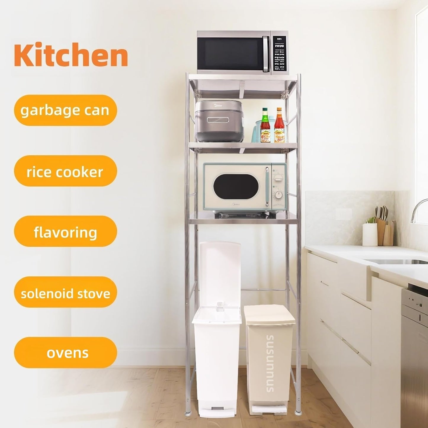 susunnus Stainless Steel Shelf,Kitchen Storage Shelves,Microwave Mini Fridge Shelf,Adjustable Height,Open Lower Tier,Laundry Room, Repository (3tier(23.6 * 15.7 * 66.1in))