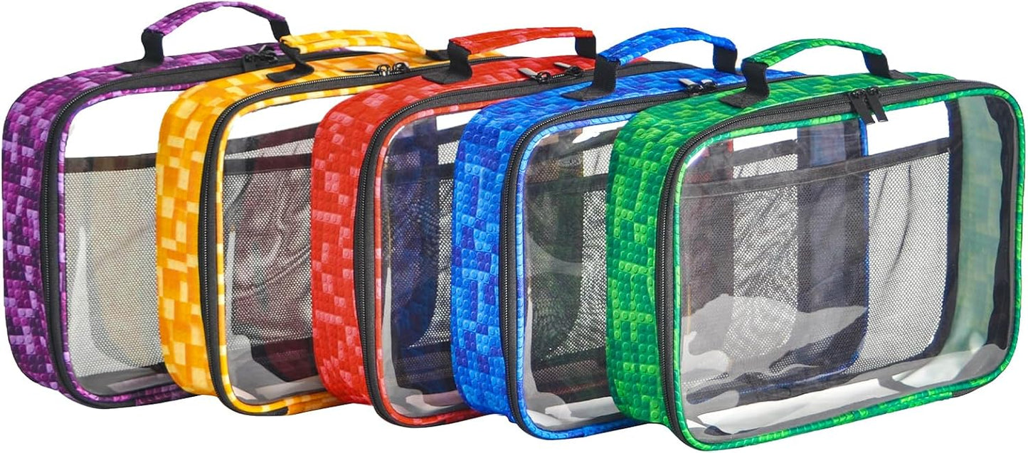 5 PCS Toys Storage Bags for kids,Travel Organizer Pouch Case for Toy Bricks, Puzzles, Building Blocks,Waterproof Colorful Print Design with Handle (Transparent)