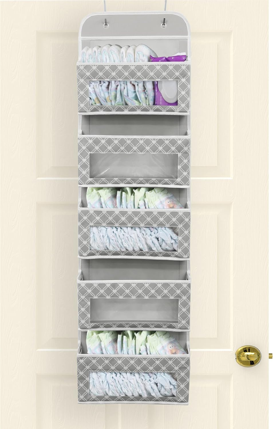 Simple Houseware 5 Clear Window Pocket Over Closet Door Storage Hanging Organizer for Bedroom, Bathroom, Pantry, Geometric Gray