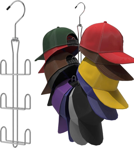 Hat Hanger 2pcs Metal Hat Storage For Baseball Caps,Rotatable Hat Organizer For Closet,Hat Rack With 6 Hooks Up to 30 Caps Hold,Silvery