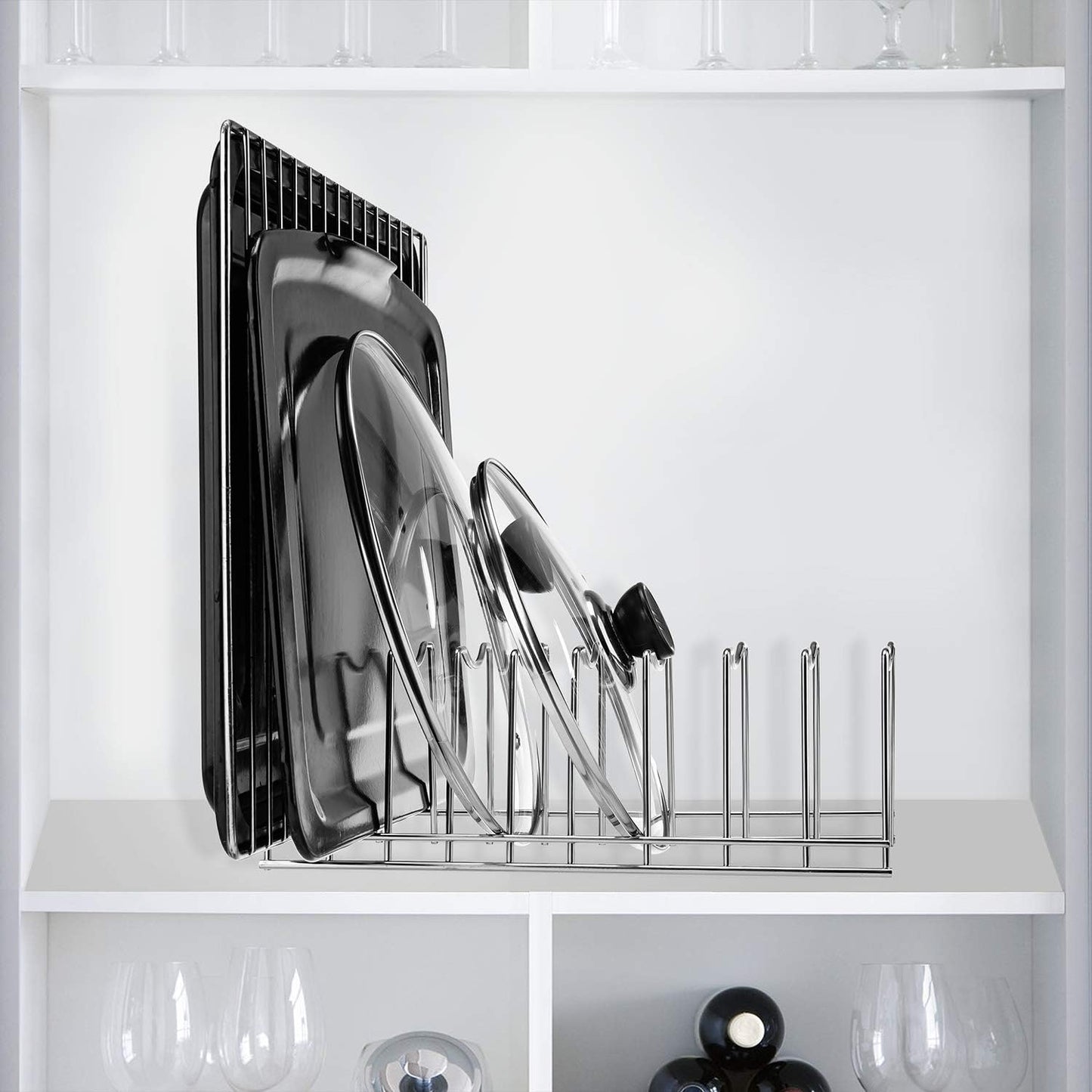 Pot Lid Organizer, Stainless Steel Pot Lid Storage Rack Holder, Cutting Board, Bakeware, Pots & Pans, Serving Trays, Reusable Containers in Cabinet Pantry on Countertop(Satin Nickel, 2)