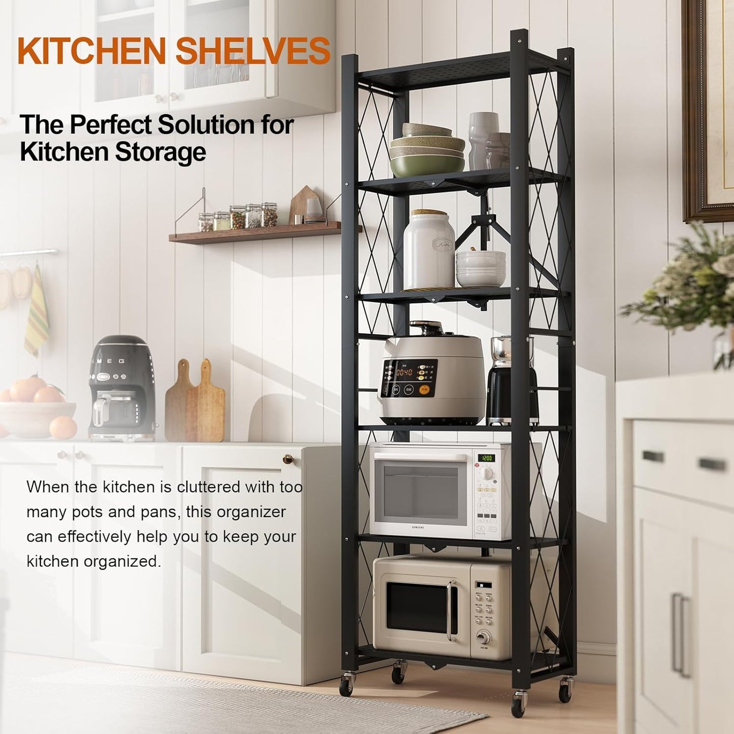 6-Tier Foldable Storage Shelves with Wheels, Folding Metal Shelf Unit, Folding Bookshelf no Assembly, Collapsible Shelves for Craft Shows for Kitchen, Bedroom, Living Room, Black