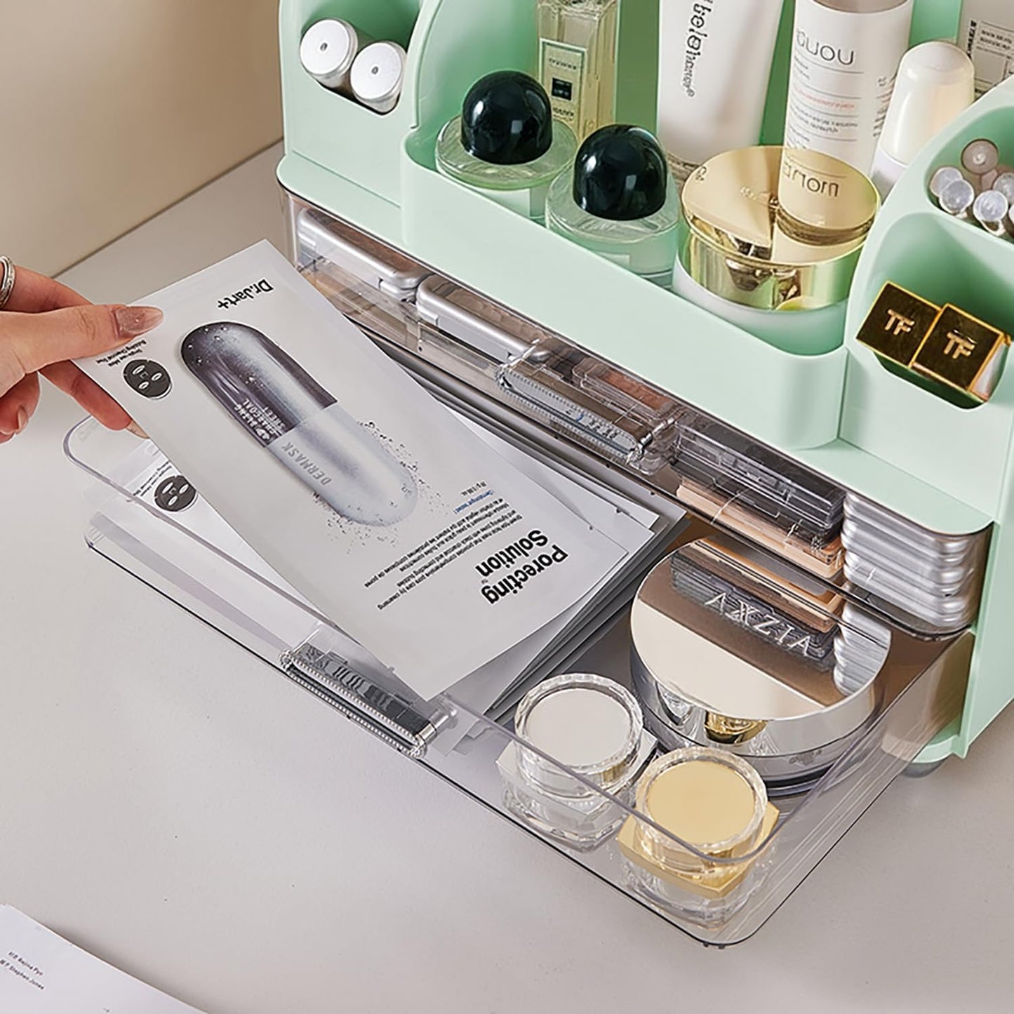 Makeup Organizer with Drawers for Vanity,Bathroom Countertop Organizer with Brushes Holder,Skincare Storage Organizer,Perfect Cosmetic Display Case for Skincare,Lipstick and Beauty Essential (Green)