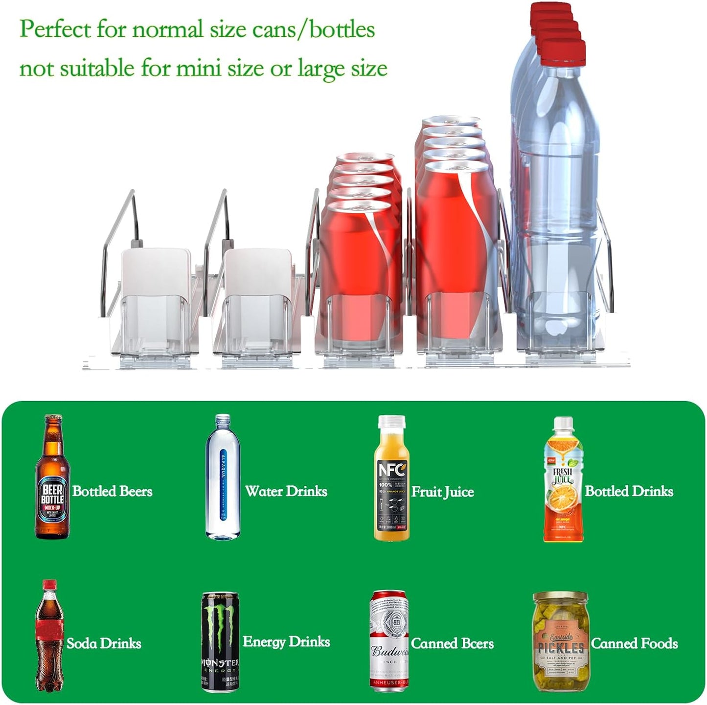 Drink Organizer for Fridge-White Automatic Pusher Glide,12oz 16oz 20oz-Soda Dispenser for Fridge-Holds up to 25 Cans