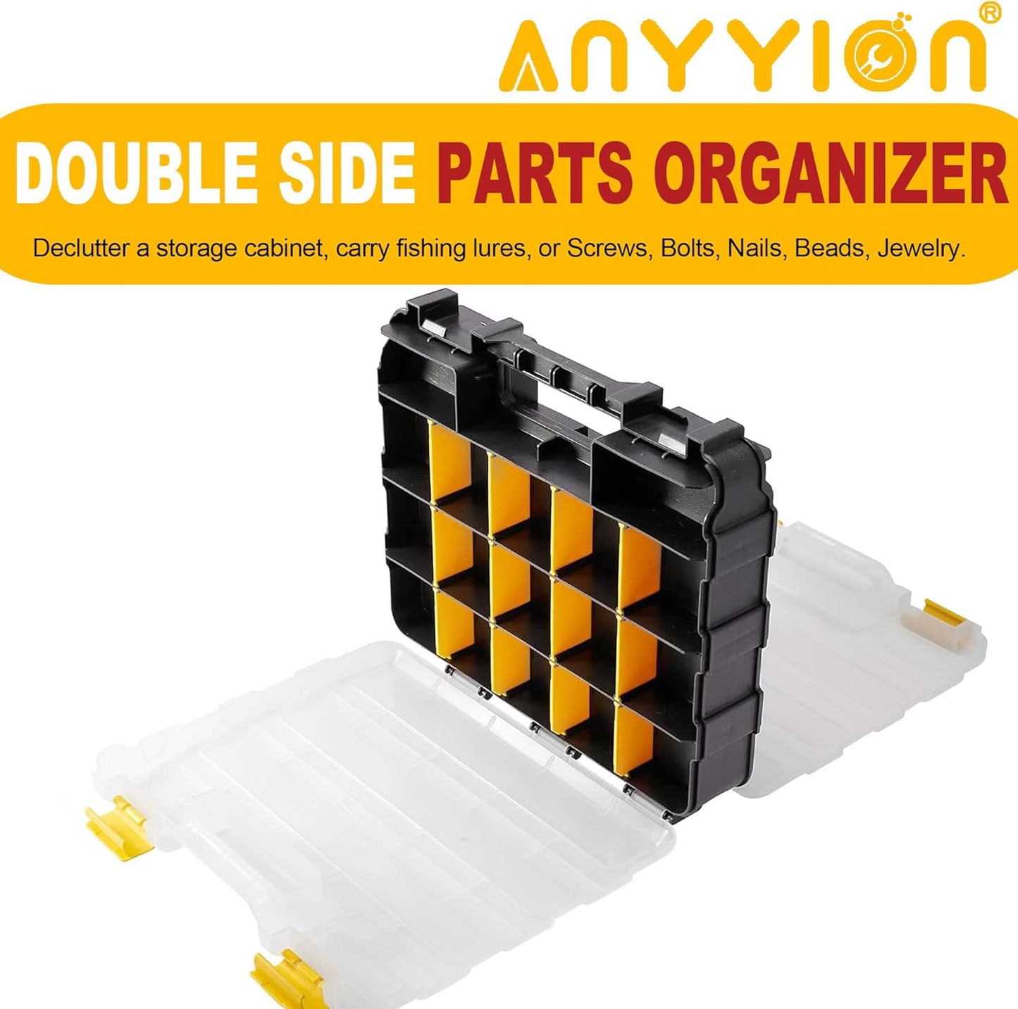 Anyyion Small Parts Organizer, 34-Compartments Double Side parts organizer with Removable Dividers for Hardware, Screws, Bolts, Nails, Beads, Jewelry. (1 PCS, Yellow)