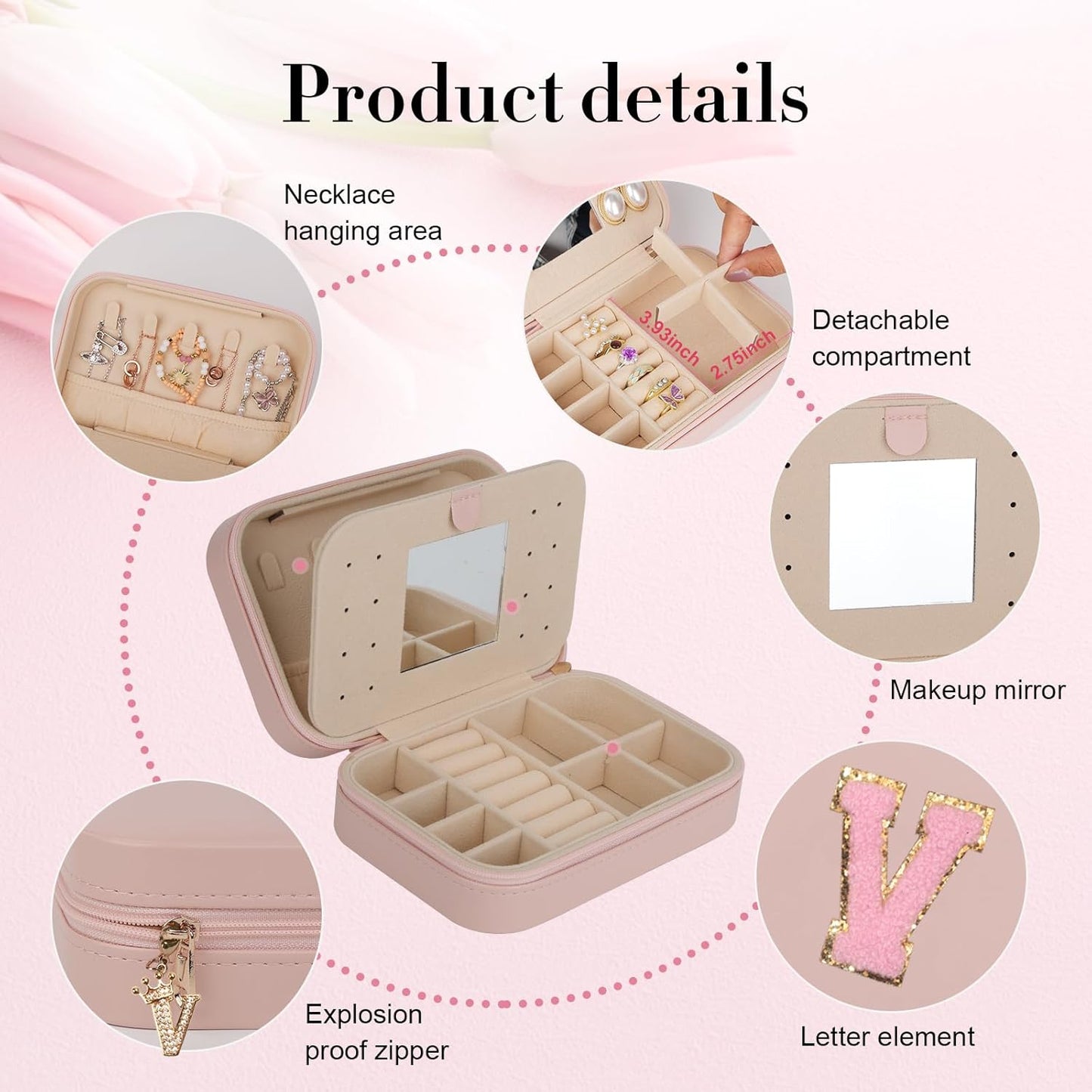TopPerfekt Travel Jewelry Case, Jewelry Box with Mirror, Jewelry Organizer Bridal Shower Gifts to Her, Earring Storage Travel Case, Trendy Gift for Women and Girls, Girlfriend-Letter V, Pink