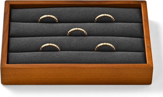 Solid Wood 3-Slots Jewelry Ring Display Tray Showcase Small Jewelry Display Organizer Tray for Rings(M,Grey)