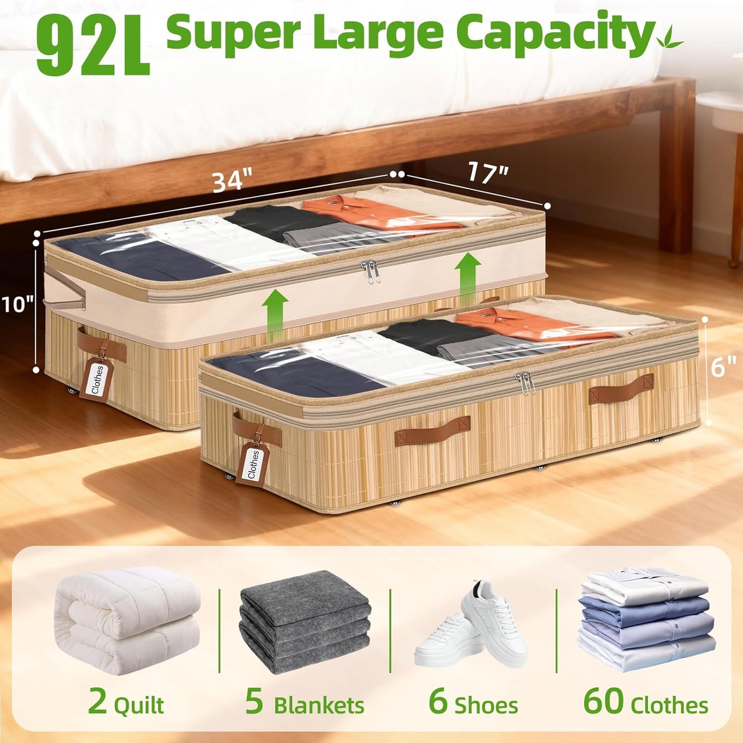 Livole Bamboo Under Bed Storage with Wheels, 6-10 inches Height Adjustable Underbed Storage Containers, 92L XXXL Large Rolling Under Bed Storage Bins for Clothes, Blankets, Sweater, Shoes, 1 Pack