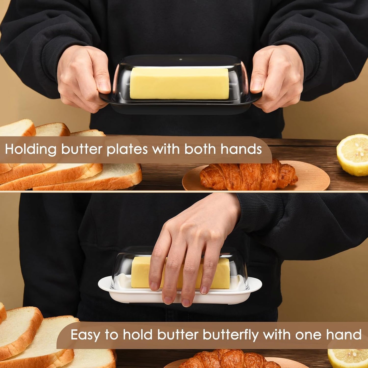 Butter Dish with Clear Lid, Butter Keeper, Easy Scoop,Butter Container Holds for East/West Coast Butter, Dishwasher Safe(White)