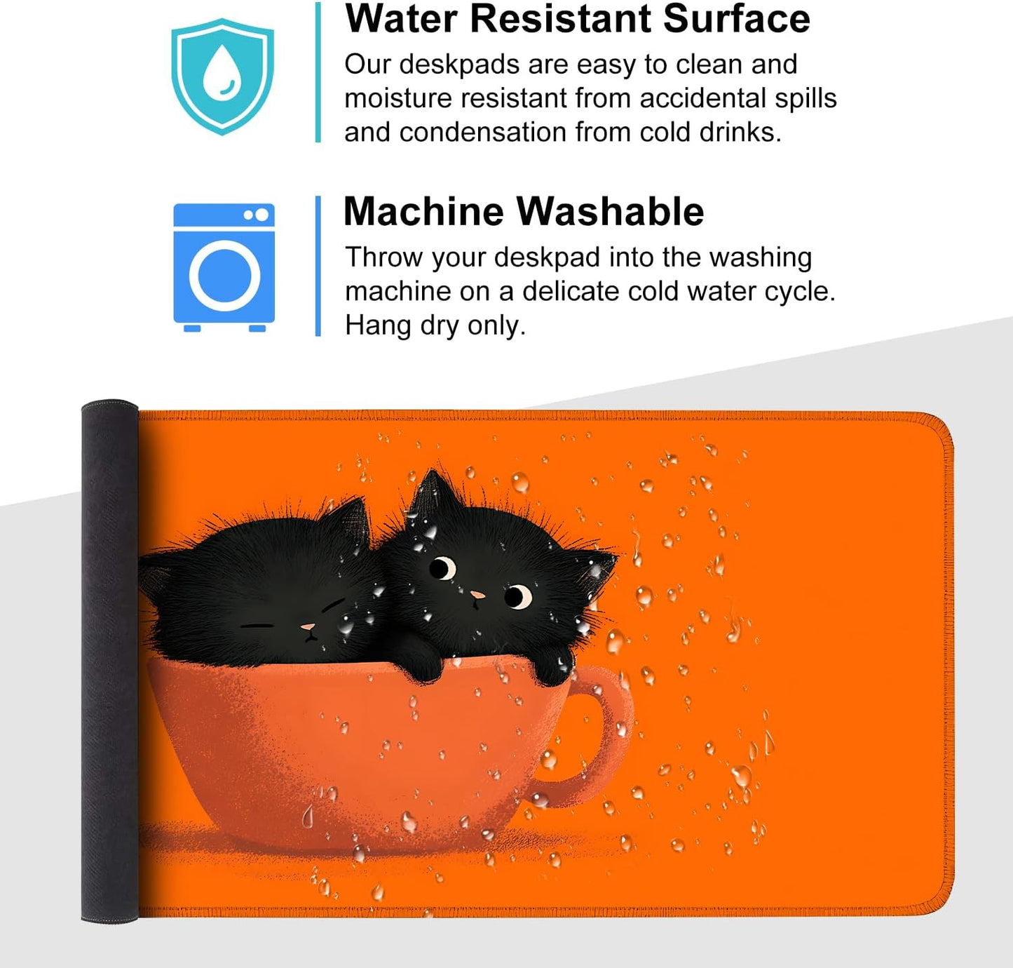 Large Cute Black Cat Mouse Pad, Extended Desk Mat with Non-Slip Base – 35.43 x 15.75 in – Cartoon Kittens in Orange Cup Design, Stitched Edges, Waterproof Gaming Keyboard Pad for Office & Home