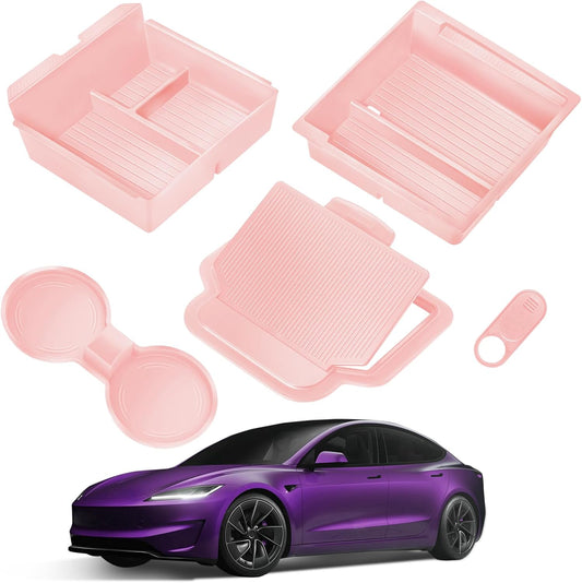 Center Console Organizer Tray for Tesla Model Y Juniper Accessories 2025 2026/For Tesla Model 3 Highland Accessories 2024 2025 2026 [Slide Smoothly/US Patent] Cup Holder Pink