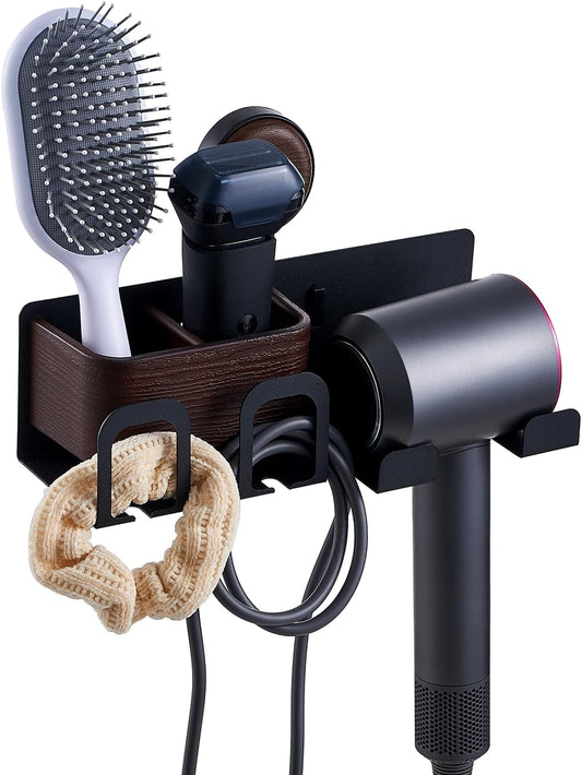 Hair Dryer Holder Wall Mount with Suction Cup, No-Drill Metal Blow Dryer Holder, Hair Accessories Tools Organizer Rack with 2 Toothbrush Hanger & Shelf, Walnut Finish for Bathroom