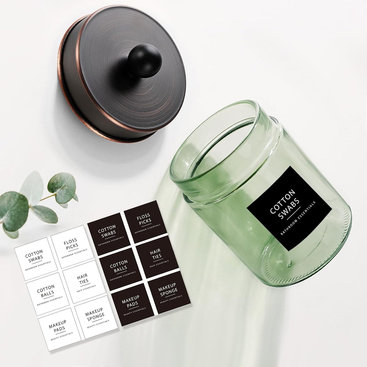 Amolliar Sage Green Apothecary Glass Jar With Metal Lid & Stickers, Bathroom Qtip Holder Storage Canister, Farmhouse Decor for Cotton Balls, Cotton Swabs, Makeup Pads, Bath Salt, Floss, ORB 2 Pack