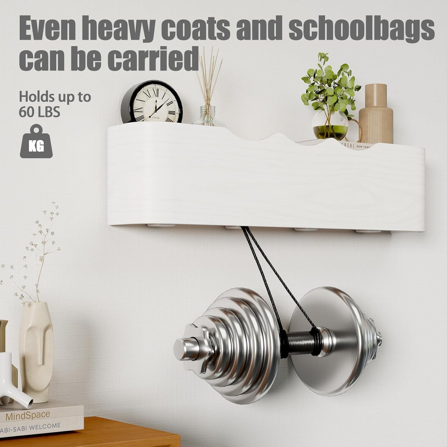 Coat Rack Wall Mount with Shelf 4 Hidden Hooks Modern Wooden Key Holder Entryway Organizer for Hallway Bedroom Bathroom Home Decor Storage for Hanging Coats Hats Bags Towels, Wave-Shape White