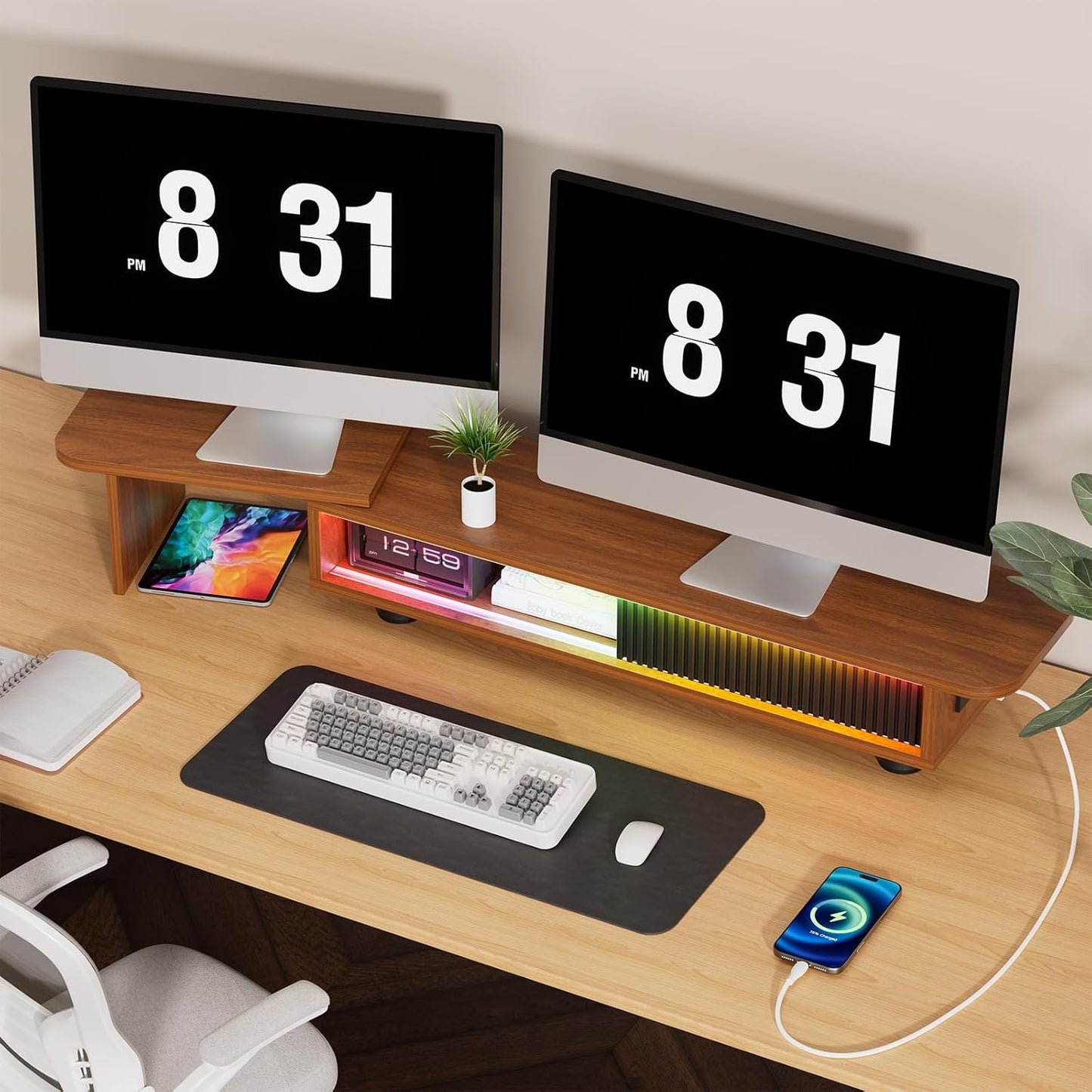 Artswish Monitor Riser Stand with Charging Station & RGB Light, Adjustable Angle Dual Monitor Stand for Desk, Computer Desk Shelf with Sliding Door, Desk Organization for Top of Desk, Walnut cOLOR