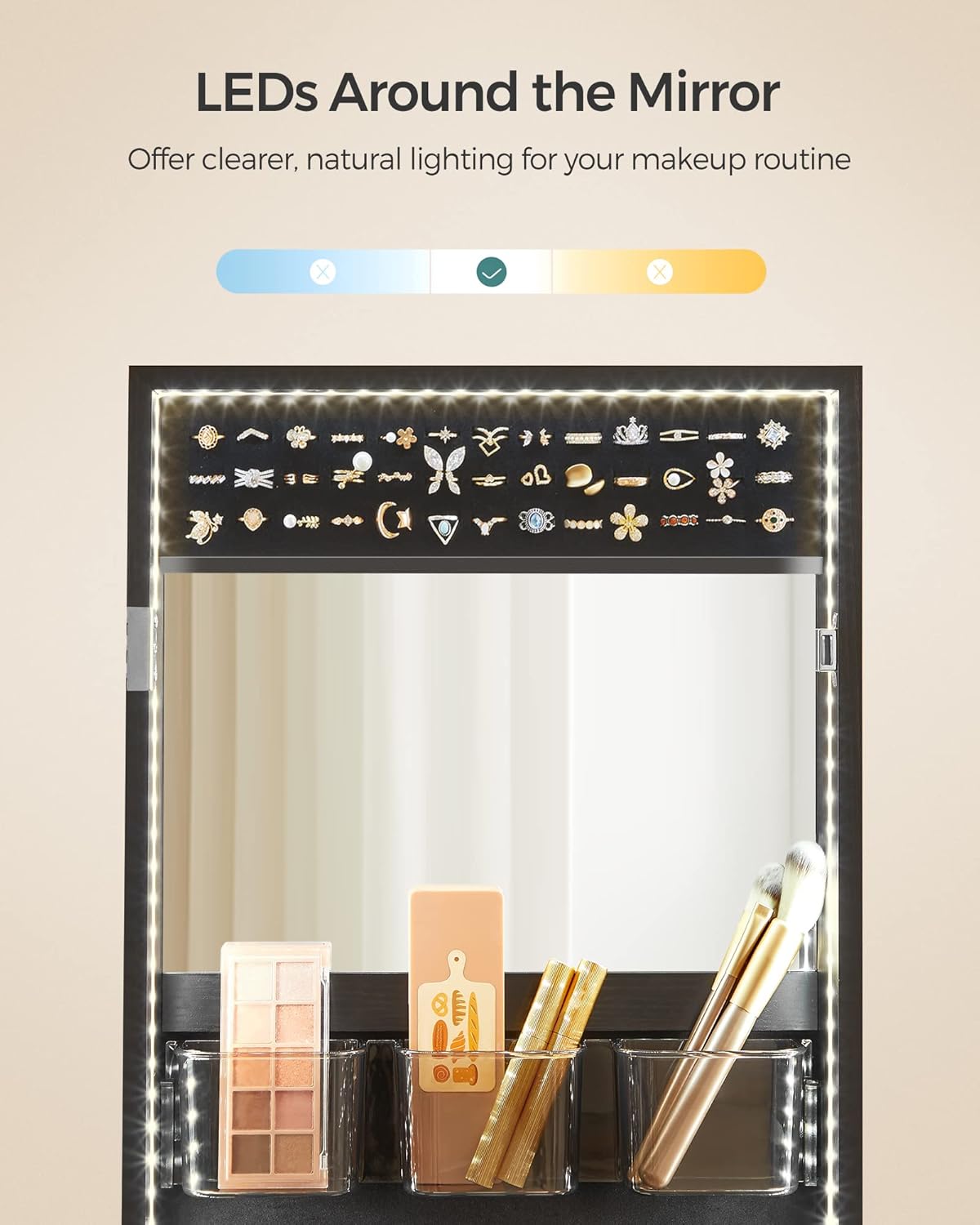 SONGMICS Jewelry Cabinet Armoire Organizer with LED Lights, Wall-Mounted Storage Cabinet with Full-Length Frameless Mirror, Built-in Makeup Mirror, 2 Drawers, Lockable, Christmas Gift, Black