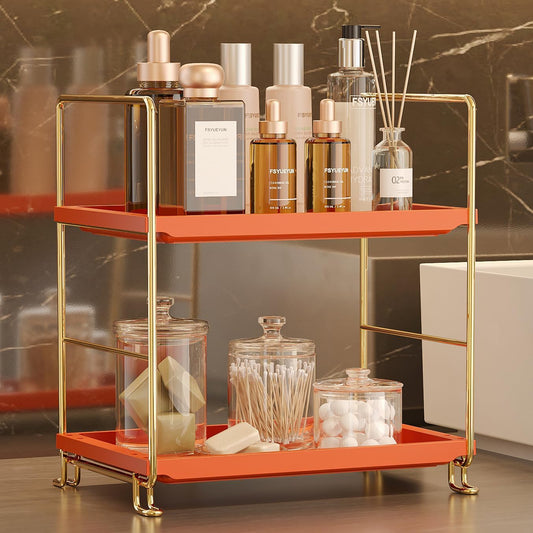 FSyueyun 2-Tier Bathroom Countertop Organizer,Bathroom Organizers and Storage with Tool-Less Installation, Premium Plastics for Makeup, Perfume, Skincare on Dresser Vanity Tray(Gold & Orange)