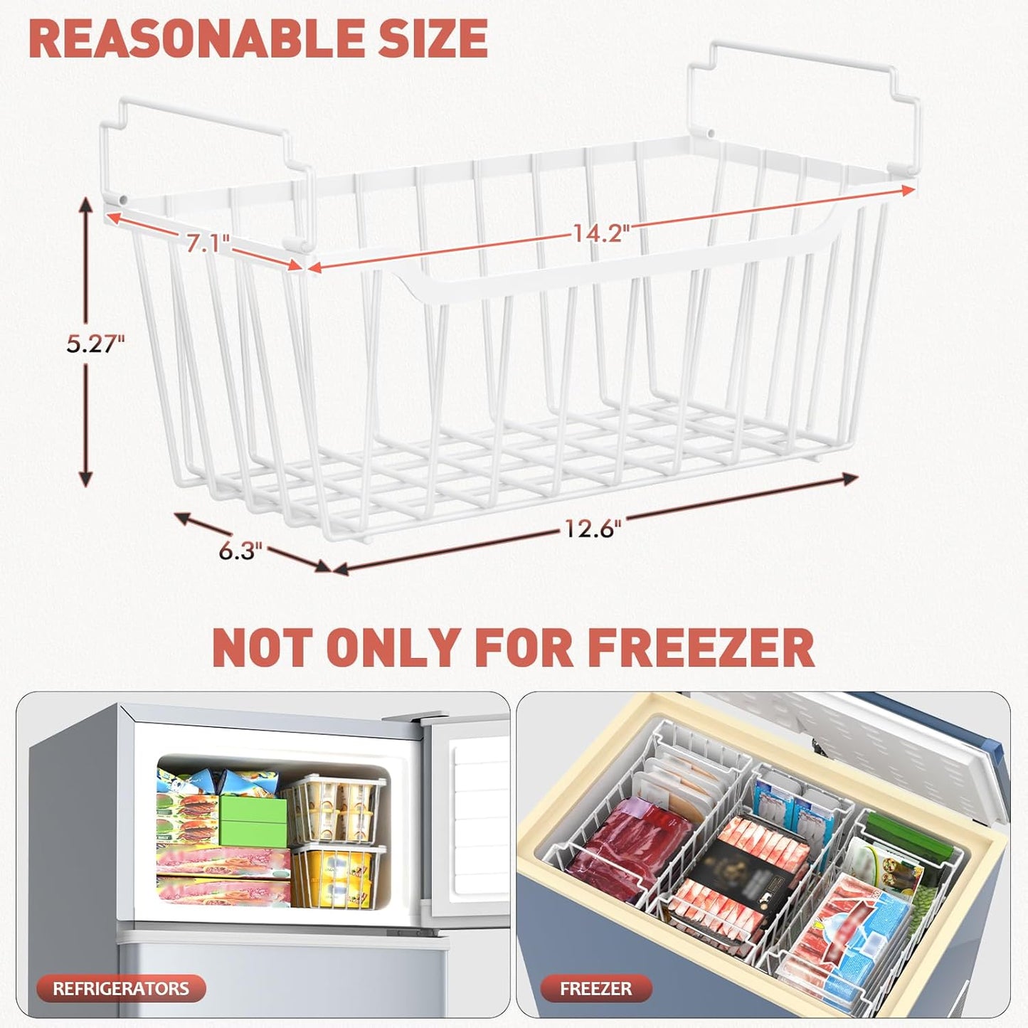 Goovilla Freezer Organizer Bins with Foldable Handle, 4 Pack Stackable Freezer Baskets for 3.5-7 Cu.FT Deep Chest Freezer Organization, White Metal Freezer Storage Bins with Better Space Utilization