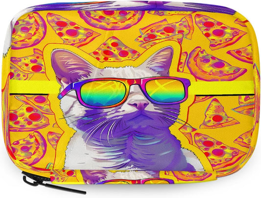 Sunglasses Cat Pizza Pattern Pill Organizer Travel Medicine Case with Zipper Daily Vitamin Storage Bag Portable 8 Slot Weekly Pill Box Supplement Holder for Home Office Gym Travel