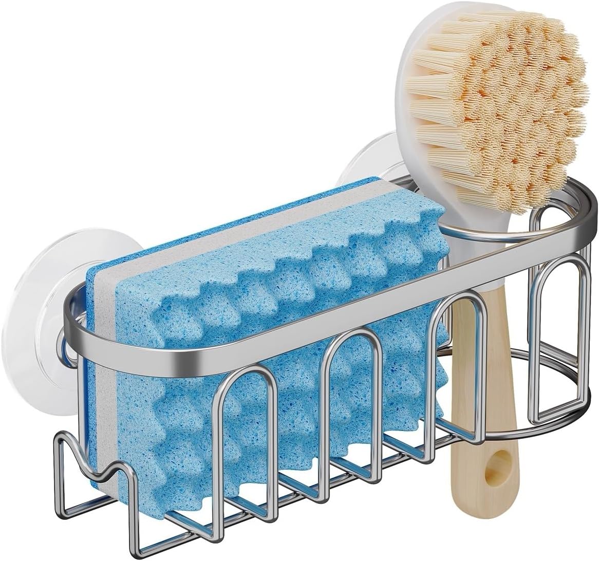 Sink Caddy Sponge Holder for Kitchen Sink 2 Suspension Options(Suction Cups and Adhesive Hook), SUS304 Stainless Steel, Silver