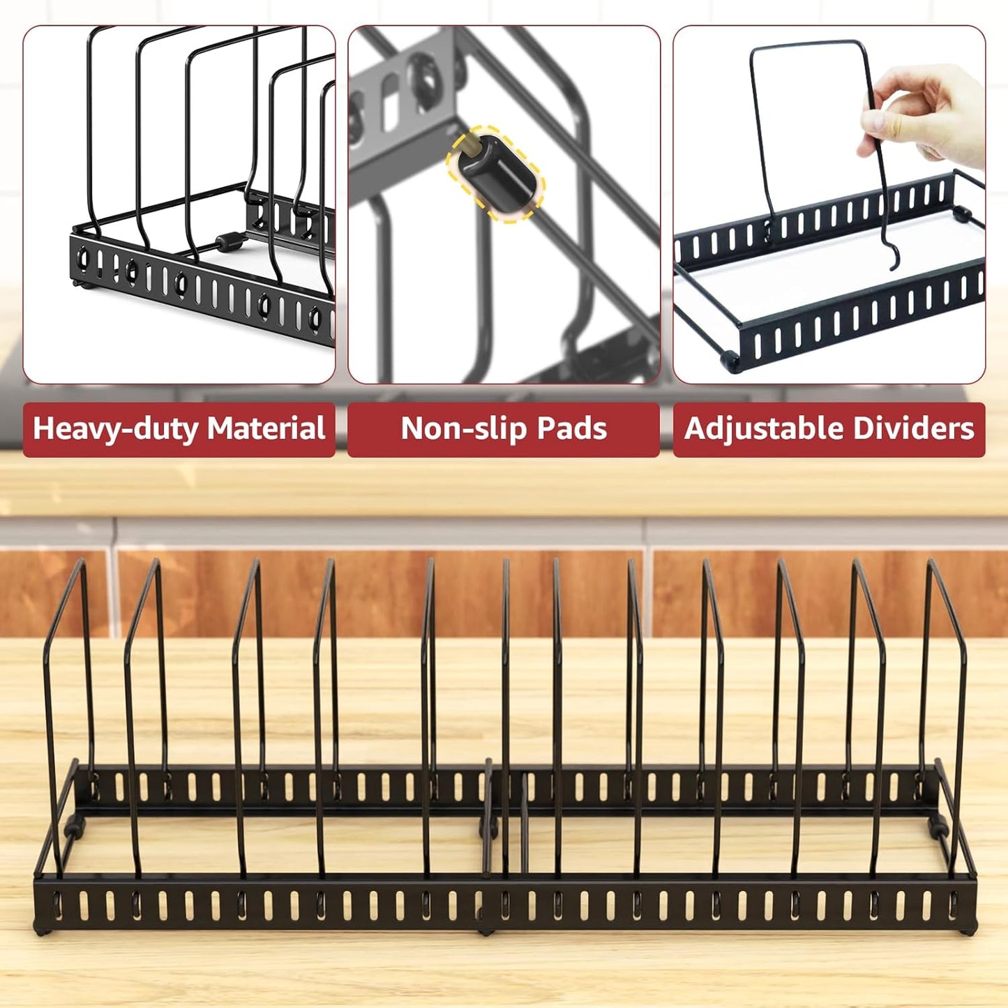 2PACK Cutting Board Organizer, Adjustable Divider Cutting Board Holder with Anti-slip Pads, Kitchen Cabinet Organizer for Baking Cookie Sheet Pan Bakeware Cookie, Black