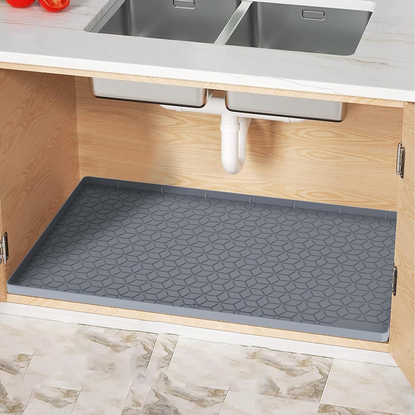 Under Sink Mat for Kitchen, Silicone Waterproof Liner, Flexible Organizer Tray with Drain Hole, 3.5 Gallons Capacity, Easy to Clean