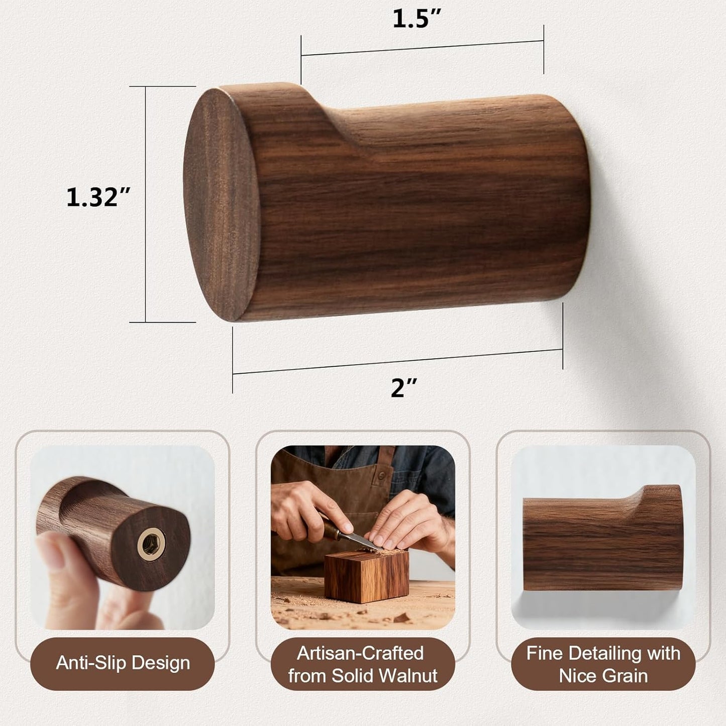 Wooden Wall Hooks 4 Pack, Modern Decorative Coat Hook Wall-Mount, Handmade Rustic Hat Hooks, Entryway Wall Hangers for Hanging Coats Hats Backpack, Bathroom Wood Towel Rack (Walnut)