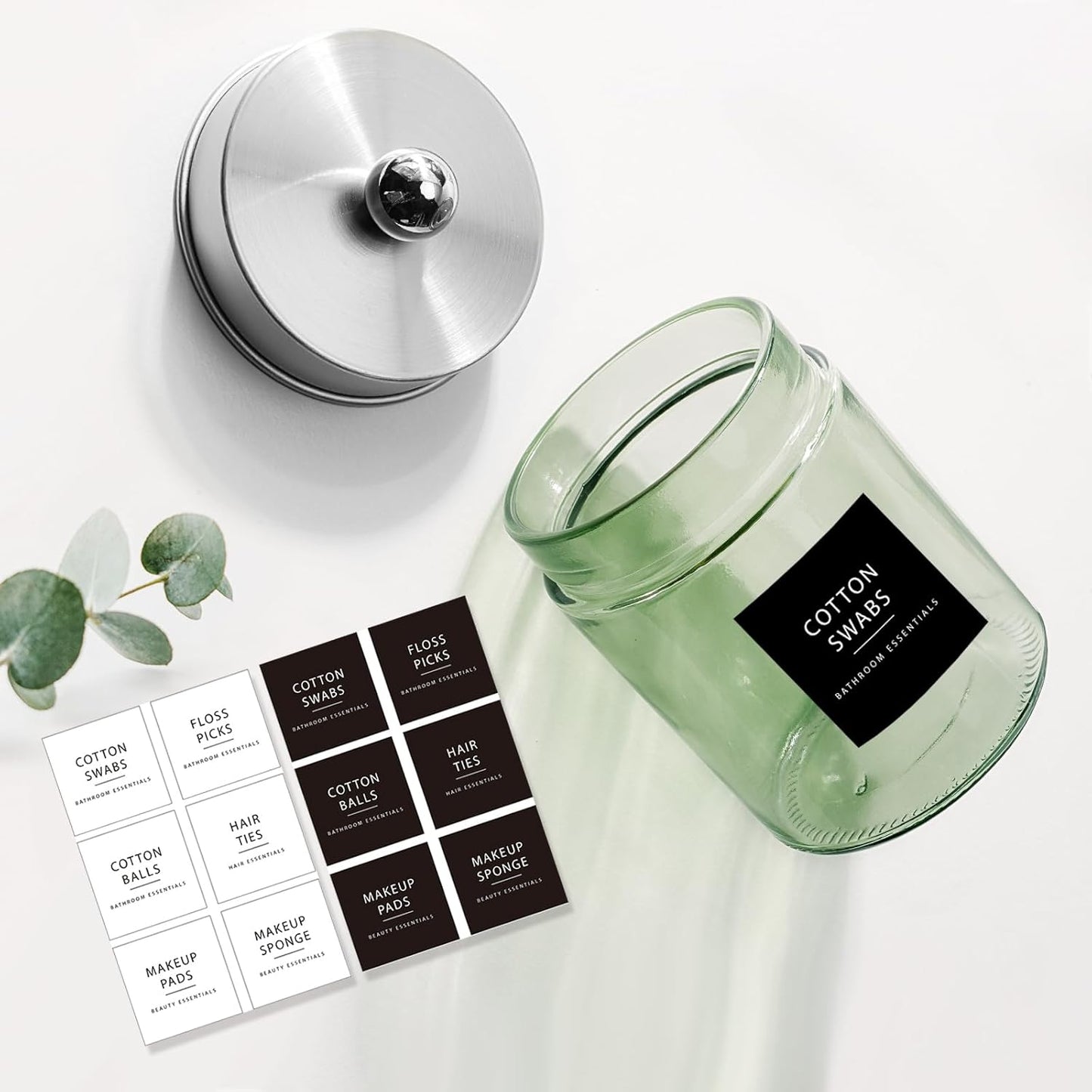 Amolliar Sage Green Qtip Holder, Glass Apothecary Jar Metal Lid & Sticker, Bathroom Qtip Dispenser Storage Canister, Perfect for Cotton Balls Swabs, Round Pads, Bath Salt, Floss, Brushed Nickel 4 Pack