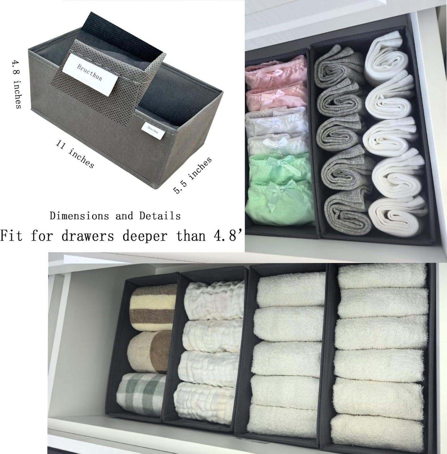 Sock Drawer Organizer Set of 3 Pack Gray, 11' Small Collapsible Fabric Underwear Dividers, Closet Foldable Dresser Storage Bins for Clothing