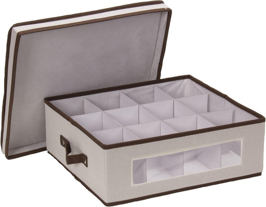 Household Essentials 538 Vision China Storage Box for Tea Cups and Mugs with Lid and Handles | Natural Canvas with Brown Trim