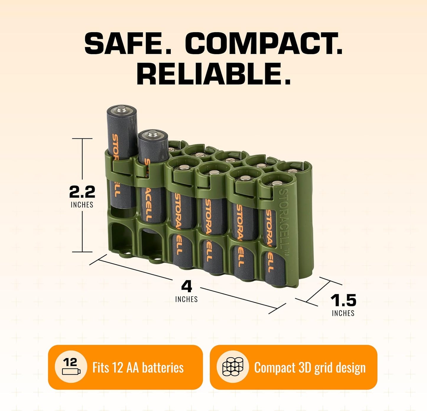 AA Battery Storage Caddy by Storacell, Military Green, Holds 12 Batteries (Not included)