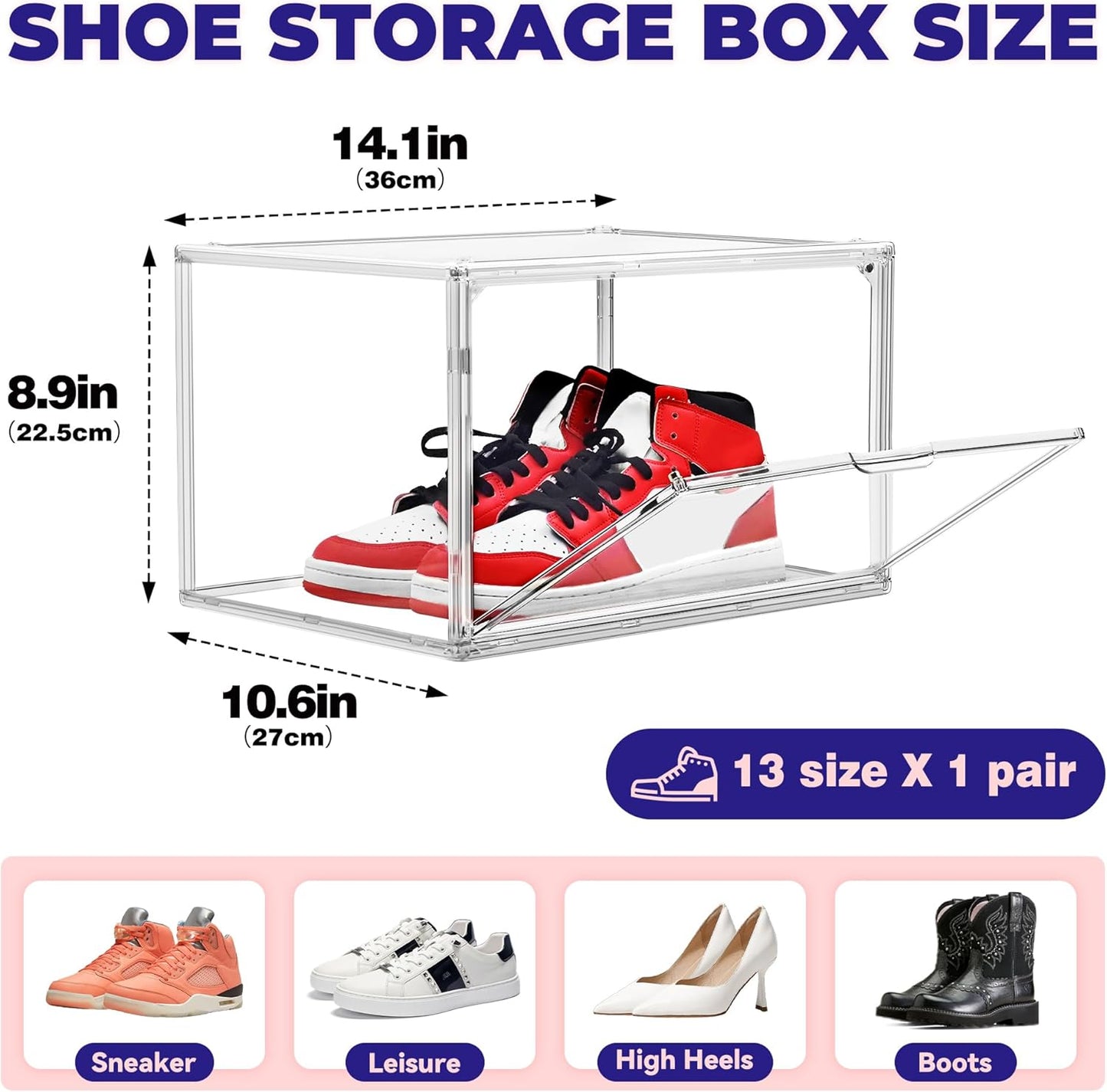 Shoe Storage 6 Pack Size 13 Acrylic Clear Shoe Storage Box Stackable Large Sneakers Display Case with Magnetic Door Hat Boxes Shoe Organizer for Closet