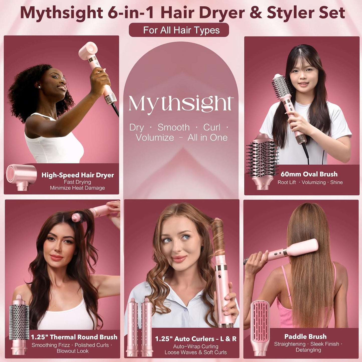 Dual Voltage StyleVibe 6-in-1 Air Styler, Hair Dryer & Blow Dryer Brush with Travel Case - Auto Wrap Curls (L/R), Fast Drying, Thermal Brush for Blowouts & Frizz-Free Volume, No Heat Damage