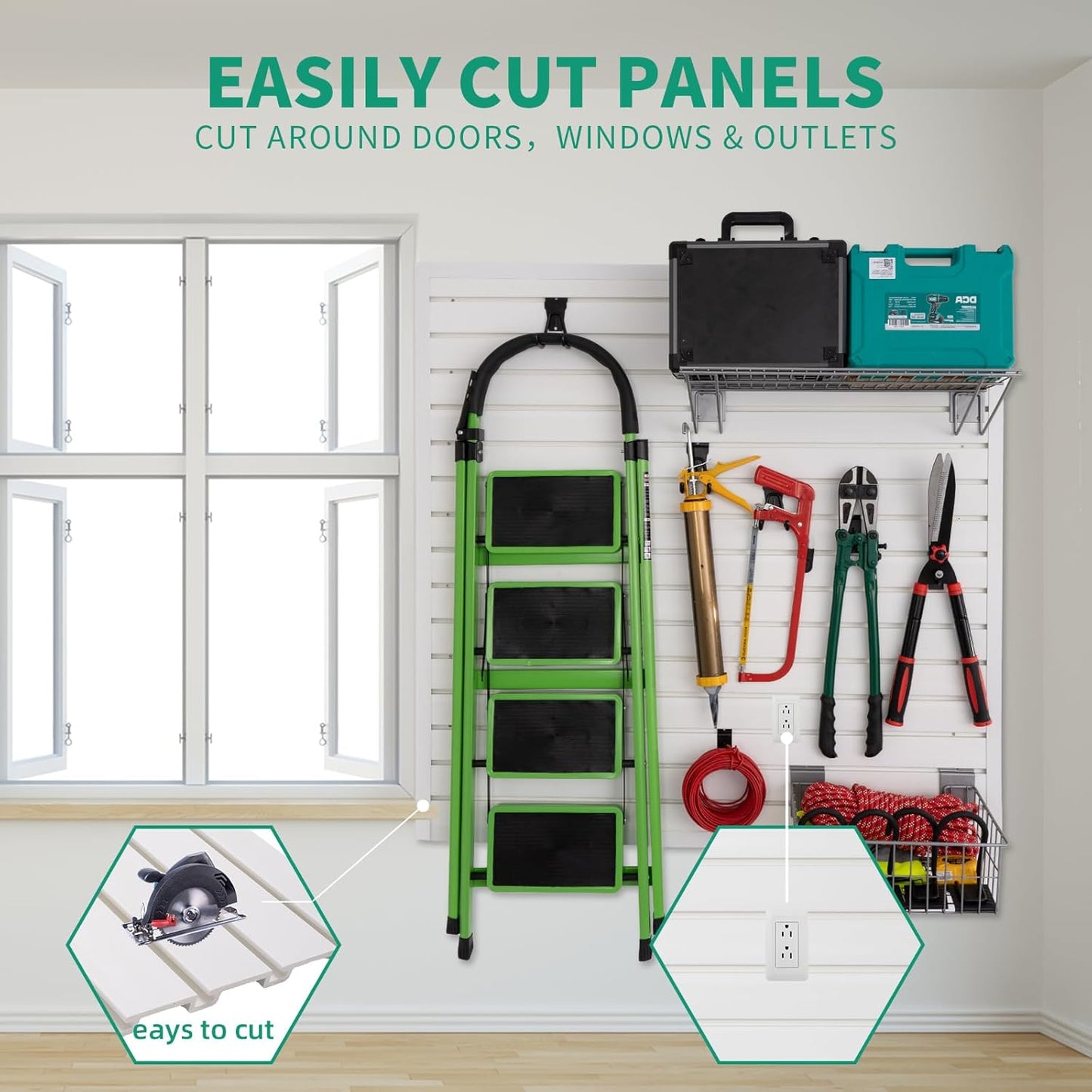 Slatwall Panel 4x4 ft Garage Mounted Storage, White Slat Wall Paneling Garage Organizers Storage, Peg Board Tool Organization PVC Wall Panels, Garage Slat Wall Storage Systems Pegboard Wall Organizer
