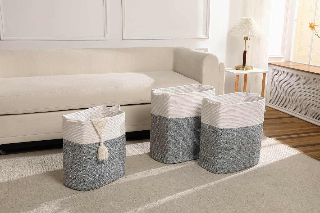 Tall Laundry Basket With Handles,Woven Cotton Rope Big Laundry Hamper Sorters,Versatile Storage for Dirty Clothes,Baby Toys,and Blankets in Bathroom, Nursery,and Living Room (Silver Gray, 80L)